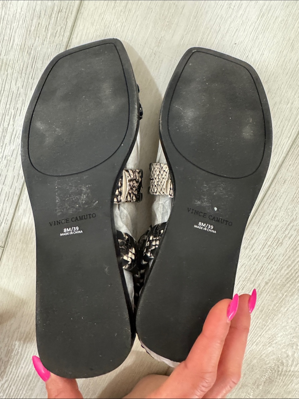 Vince Camuto Black & Beige Snake-Print Strappy Flat Sandals - Picture 6 of 6